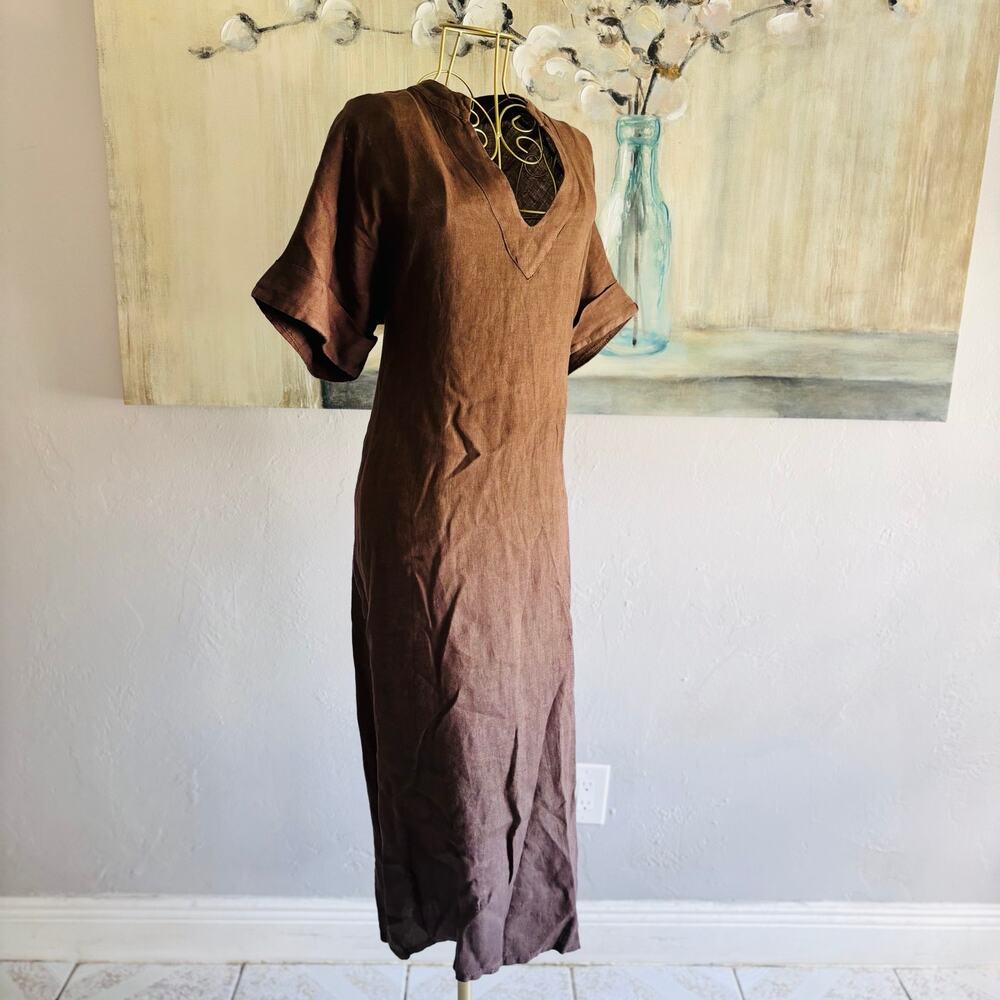 Lombaggi Moda Europea Linen Blend Maxi Dress Brown Made in Italy Lagenlook